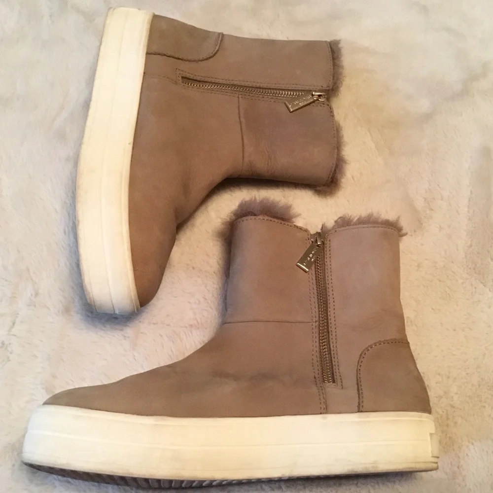 J/Slides Henley Leather & Faux Fur Taupe Waterproof Ankle Boots  - Size 8.5